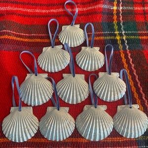 Lot of 10 Silver Shell Ornaments with Blue Velvet Ribbon